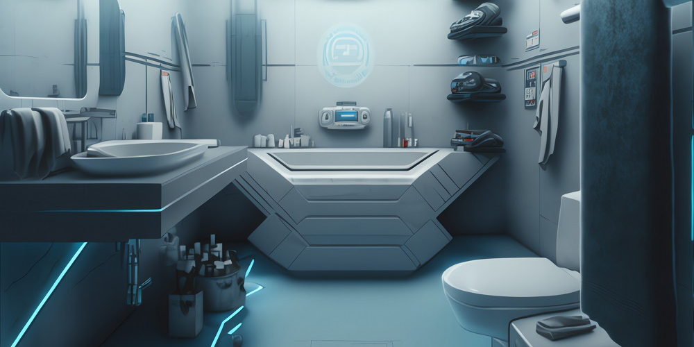 Lavish and High-Tech Bathroom of a Billionaire's Futuristic Doomsday Bunker: A Look Inside the Ultimate Luxury Survival Space AI Generative