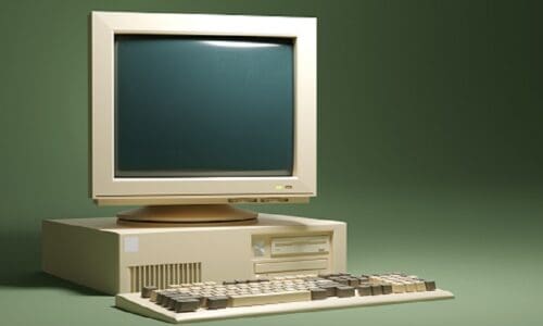 Outdated office computer against a green backdrop.