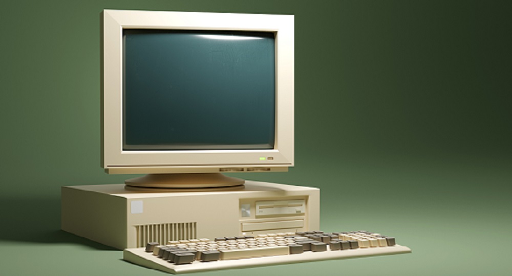 Outdated office computer against a green backdrop.