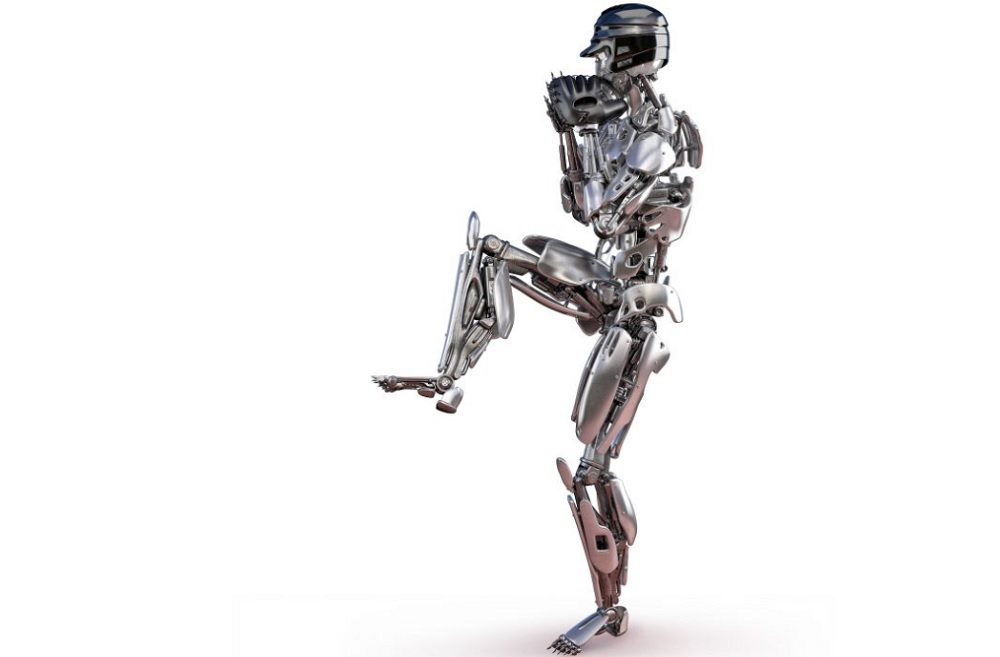 Robot baseball player in action, isolated. Cyborg robot artificial intelligence technology concept. 3D illustration