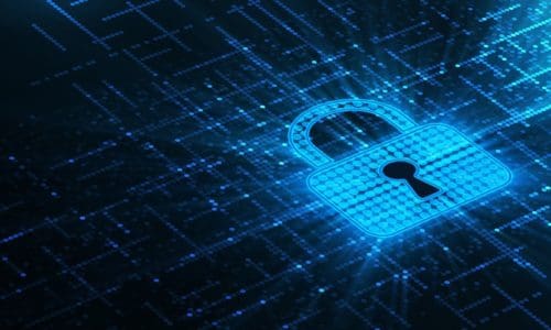 A digital key lock in blue light against a black background.
