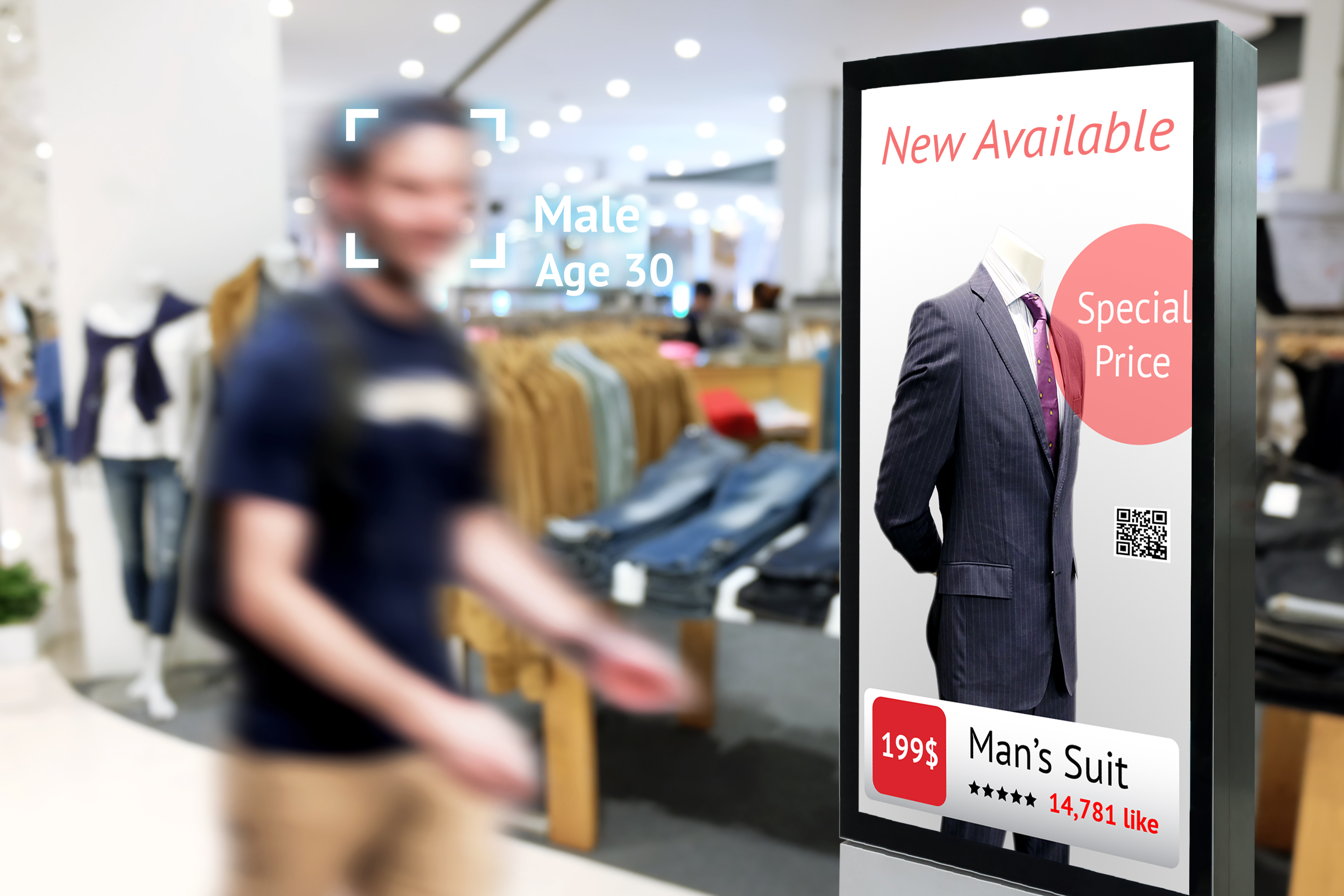 Person walking by a digital screen where content is displayed through a CMS.