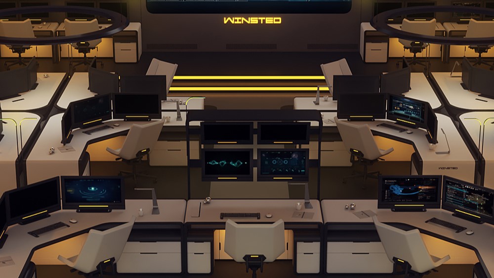 Security console room with computers and large screens