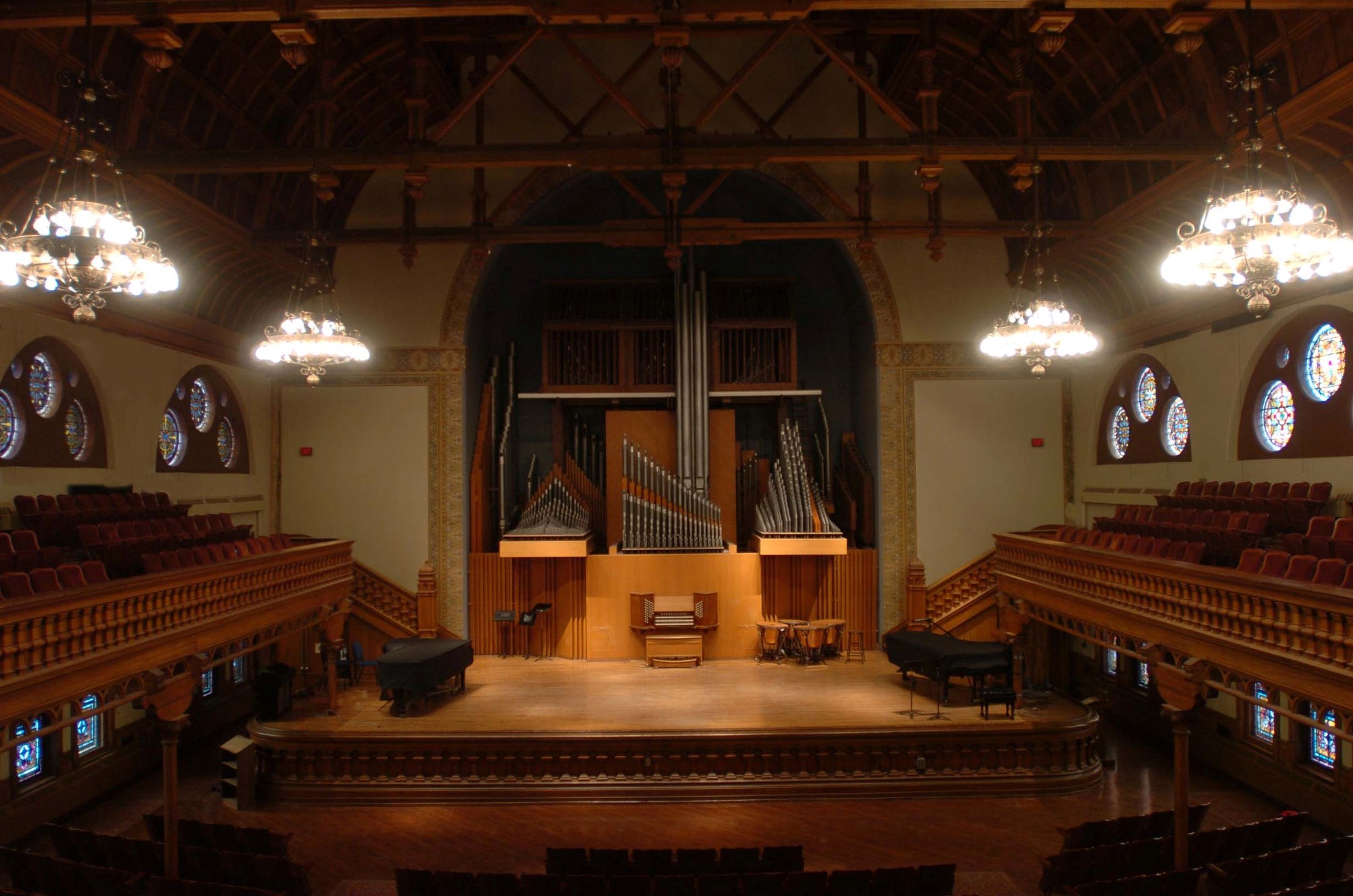 Music Hall that is dimly lit with warm overhead lights