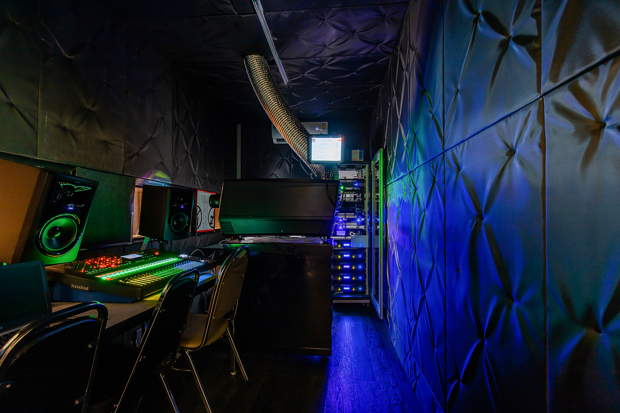 Sound system set up in a dark auditorium of the Lido Connect theater