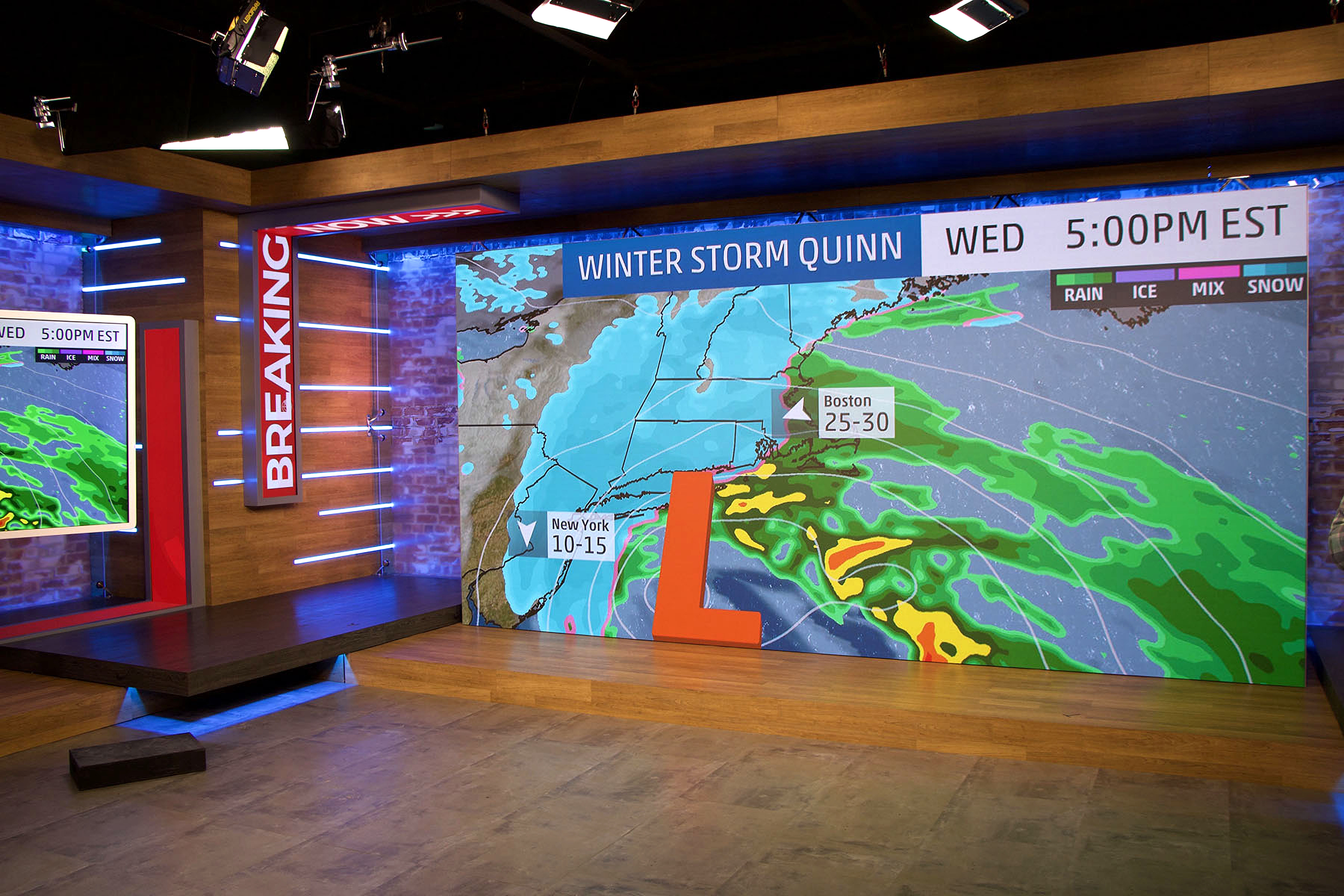 TV broadcast room showcasing the weather on a Neoti LED screen