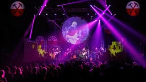 Audience enjoying a concert. Focus is on the giant display screen showing the guitarist