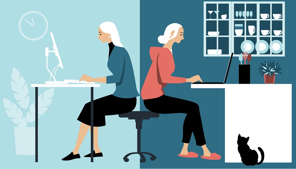 Person on the left is in formal attire and working in an office while person on right is in a hoodie and working from home.