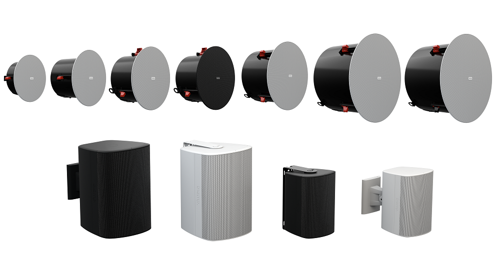 Biamp Desono DX loudspeakers in black and white models.