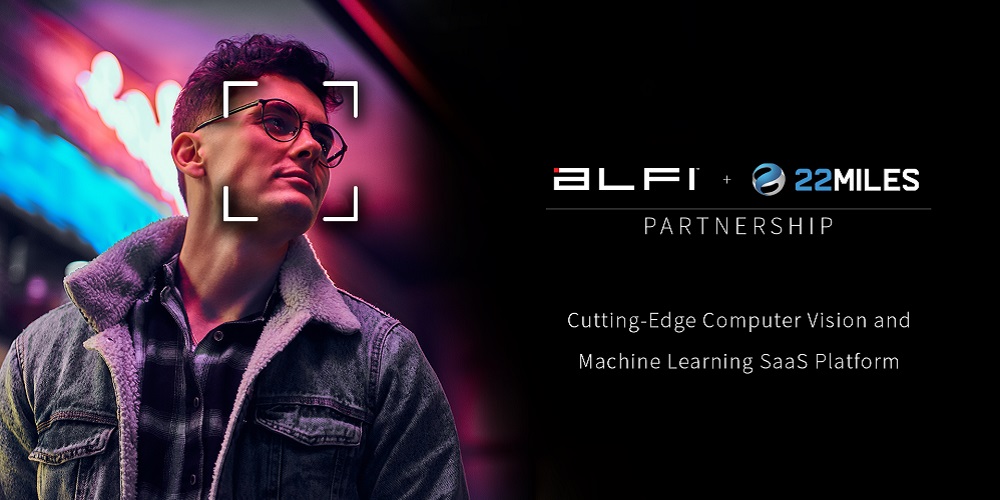 Person with glasses with a camera focus on the face. Text on the right reads, "Alfi and 22Miles Partnership. Cutting Edge Computer Vision and Machine Learning SaaS Platform."