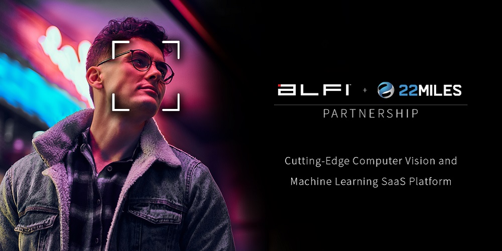 Person with glasses with a camera focus on the face. Text on the right reads, "Alfi and 22Miles Partnership. Cutting Edge Computer Vision and Machine Learning SaaS Platform."