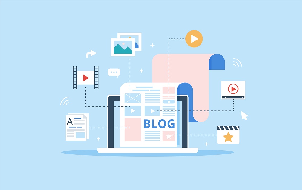 Vector depicting a blog post containing content, videos, images and embedded links.