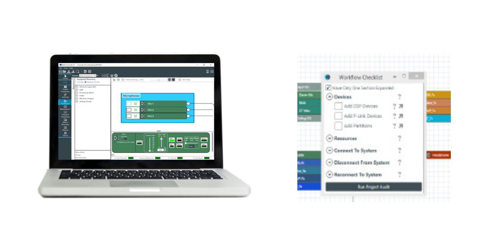 Mockup of ClearOne Console AI software on a personal computer.