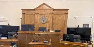 Microphones and speaker systems in a courtroom.