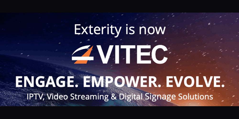 Earth's surface in space lit by sunlight. Across it are the words, "Exterity is now VITEC." Below it is the caption, "Engage. Empower. Evolve."