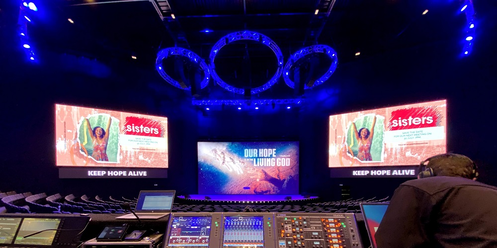 3 videowall screens with a Yamaha console provided by SAW for Rivers Church.