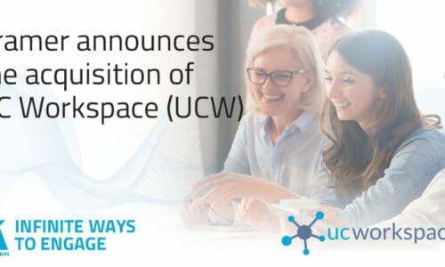 Kramer acquisition of UCW announcement. The text, "Kramer announces the acquisition of UC Workspace" is written across a stock image of people working on a PC.
