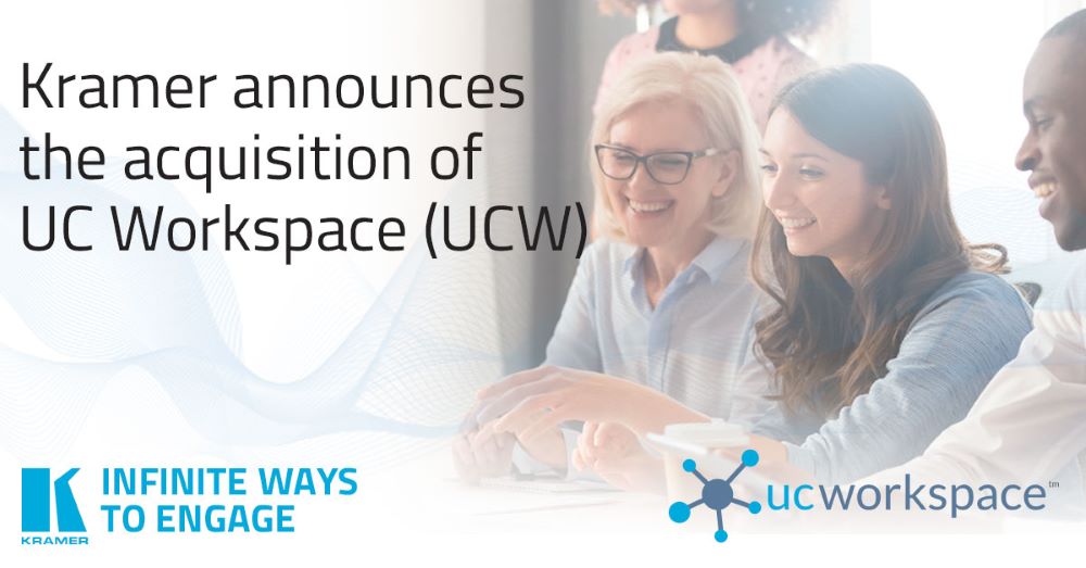 Kramer acquisition of UCW announcement. The text, "Kramer announces the acquisition of UC Workspace" is written across a stock image of people working on a PC.