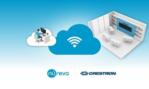 Graphics of a person handling an audio system and a conference room next to the person. Separating the two is a wifi symbol enclosed within a cloud. This represents the Nureva and Crestron integration.