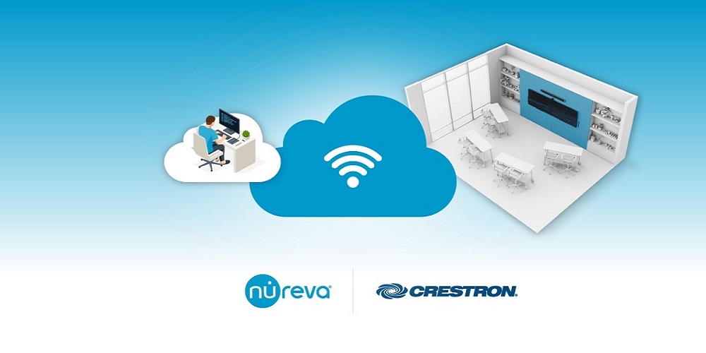 Graphics of a person handling an audio system and a conference room next to the person. Separating the two is a wifi symbol enclosed within a cloud. This represents the Nureva and Crestron integration.