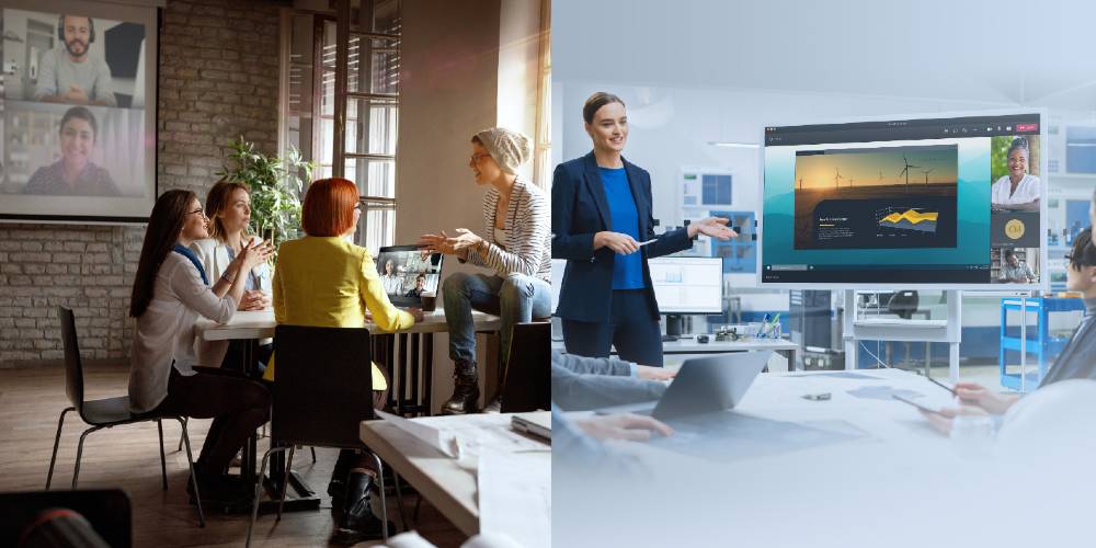 Person addressing a conference room with Crestron AirMedia.