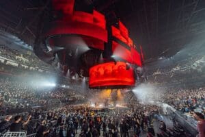 Videowall hanging above crowd at Metallica's 40th anniversary.