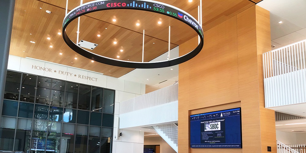 Interior of Bastin Hall of The Citadel with an Extron AV videowall.