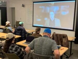 John Laughlin, CEO of CTI, speaks with students at Webster University’s Intro to AV/IT course via Zoom.