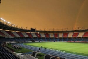 Football stadium during sunset.