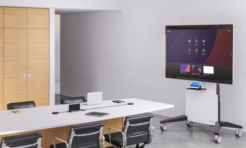 Mockup of Salamander Designs Cisco Webex Certified FPS stand in a conference room.