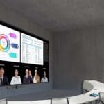 Rendering of Primeview 21:9 display in conference room.