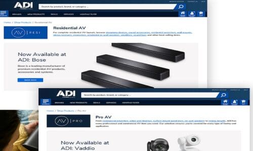 Landing pages of ADI Global Distribution brand of AV products.