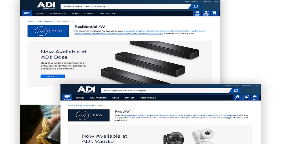 Landing pages of ADI Global Distribution brand of AV products.