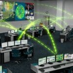 Room with multiple computers outsourcing content on videowall to depict Datapath Aetria's connectivity.