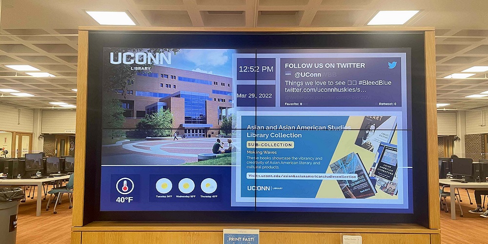 Carousel Digital signage software displaying UConn Library information on the display.