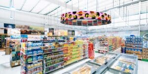 Philips 7000 L-Line 21-inch panels arranged in a curved videowall in a supermarket. On the videowall is a display of fresh fruits.