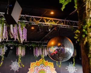 Speaker next to a mirrorball hanging from ceiling.