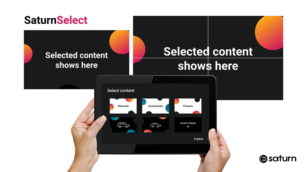 Tablets featuring SaturnSelect, digital signage application by Saturn Visual Solutions.