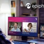 Person using Epiphan Connect with remote participants onscreen. The logo of Epiphan Video appears on the upper-right corner.