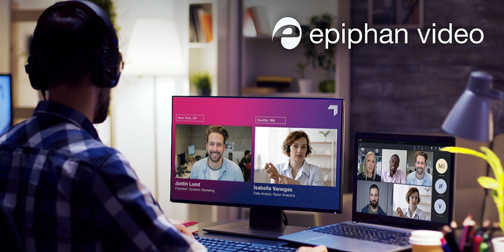 Person using Epiphan Connect with remote participants onscreen. The logo of Epiphan Video appears on the upper-right corner.