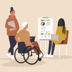 Graphic illustrations of women discussing a chartboard.