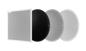 Shure MXA920 in a grey square models, and three round models in gray, black, and white.