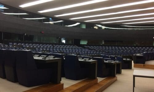 Side shot of the European Parliament chambers.