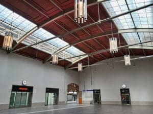 Iconyx speakers hanging from ceiling at Basel SBB station.