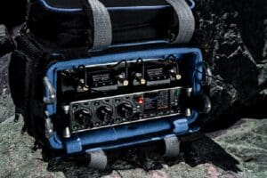 Sound Devices A20-RX propped on a rock.
