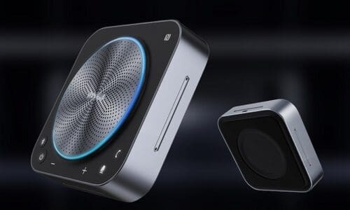 MAXHUB BM35 speakerphone floating against a black backdrop.