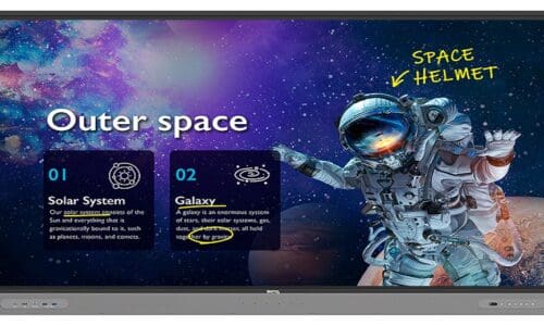 BenQ Smart Board RM03 model depicting a lesson on space with notation marks on the screen.