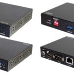 C2G HDMI-over-IP encoder and decoder with front view and back view.