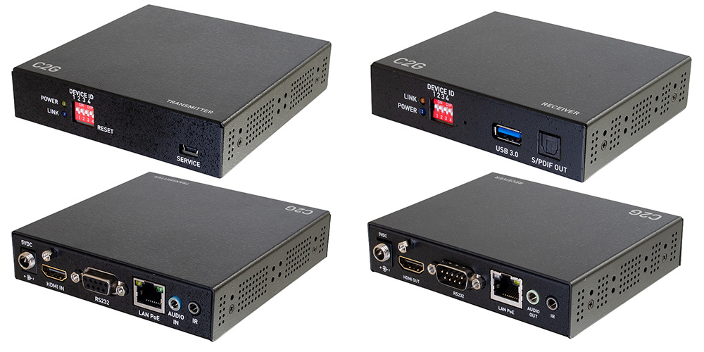 C2G HDMI-over-IP encoder and decoder with front view and back view.