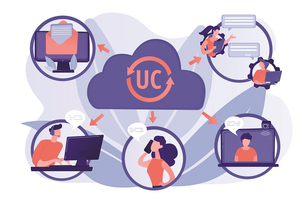 Vector of team engaging in unified communications and optimized flow performance in a meeting.